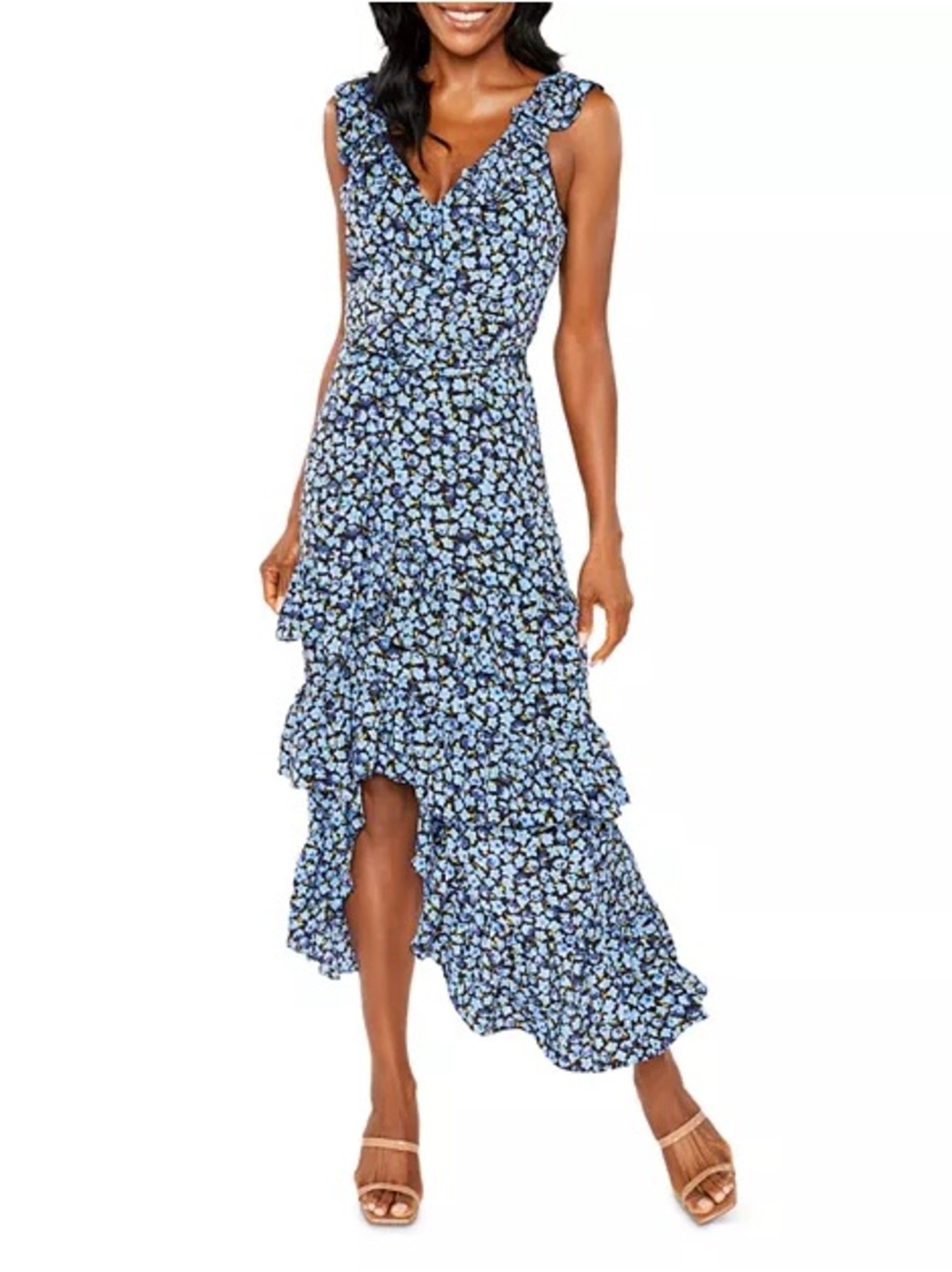 Likely Morrell Tiered Ruffled Blue Floral Midi Dress Size 8